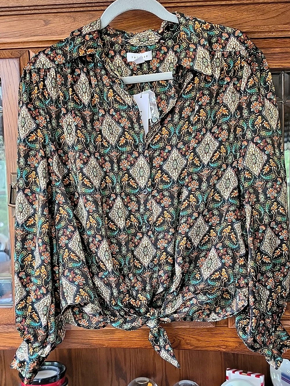 Topshop Monkey Print Tie Front Blouse Black & Multicolor Size 4